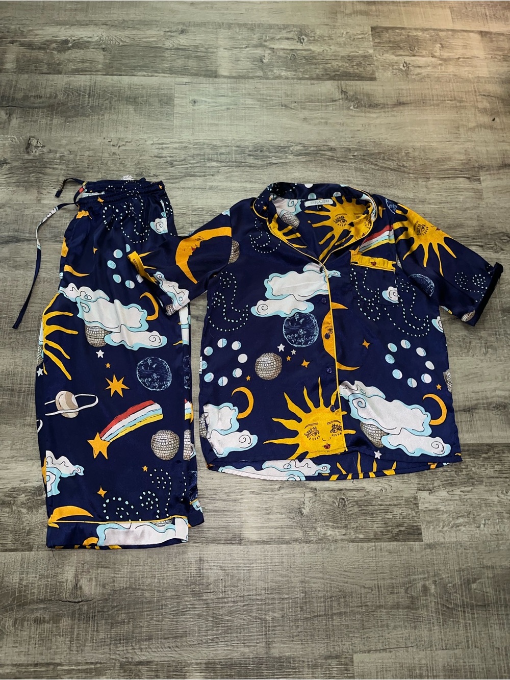 Their Nibs Navy Disco Space Galaxy Celestial Stars Pajama Set Size M EUC Satin
